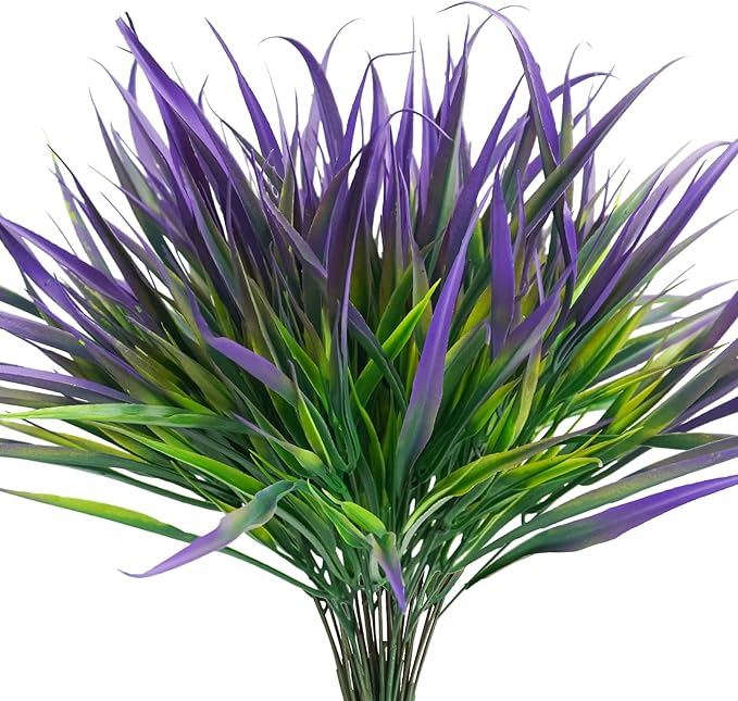 Uieke 28 Bundles Artificial Outdoor Plants UV Resistant Fake Grass Plants Faux Plastic Plants Greenery Shrubs for Home Garden Pathway Window Box Front Porch Cemetery Spring Summer Decor, Purple-VerdiqueGarden