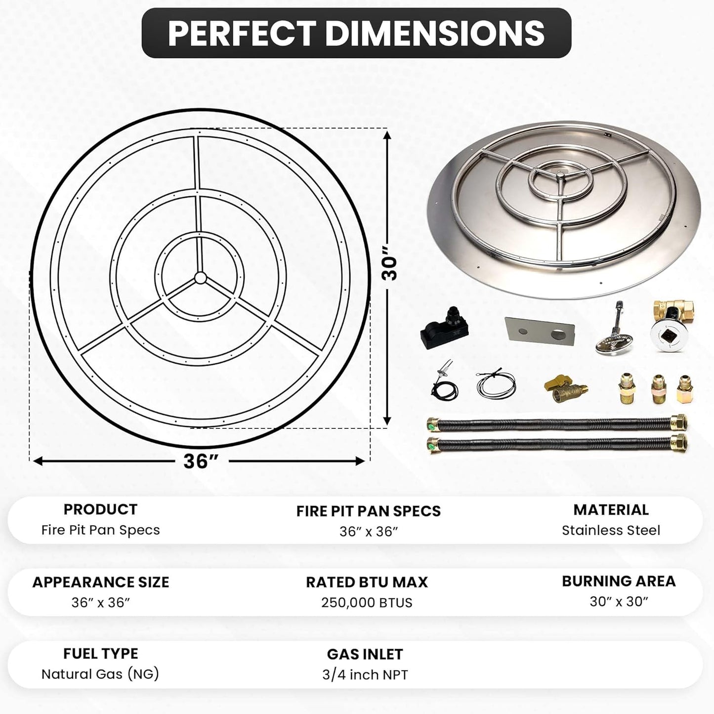 Stainless Steel Fire Pit Burner Pan & Ring Deluxe Kit for Natural Gas, 36-Inch Pan, 30-Inch Ring, 250,000 BTU Max-VerdiqueGarden