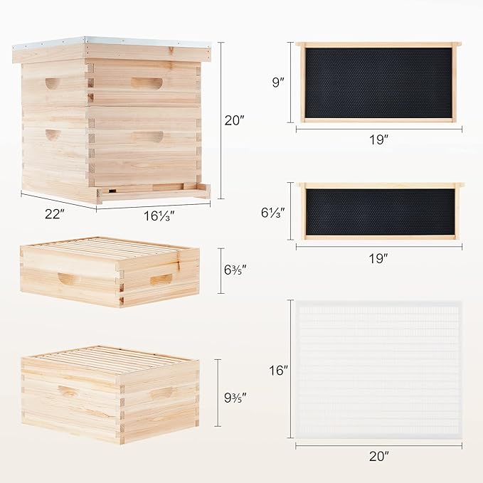 CREWORKS Bee Hive Boxes 10 Frame Langstroth Beehive, Bee Keeping Starter Kit Includes 1 Super Bee Box & 1 Bee Brood Box with Beehive Frames and Foundation, 2 Layers Complete Bee Hive Kit-VerdiqueGarden