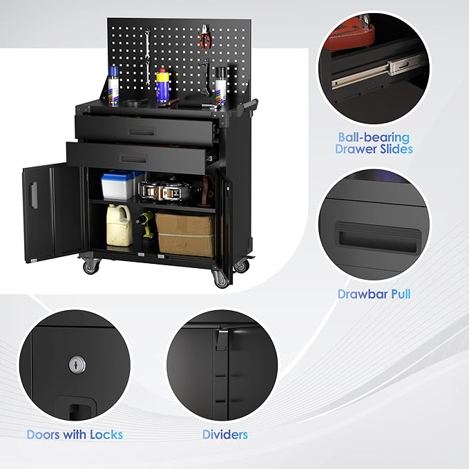 Tool Chest, Tool Cart with 2 Drawer and Lockable Doors, Garage Storage Cabinet with Wheels, Pegboard and 4 Hooks for Garage, Workshop, Metal Tool Storage Cart-VerdiqueGarden