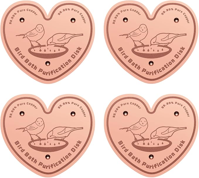 4-Pack 99.99% Pure Copper Bird Bath Purification Disk,Copper Disc with Stable Triple-Point Support,Fits All Outdoor Bird Baths(Heart-Shaped)-VerdiqueGarden