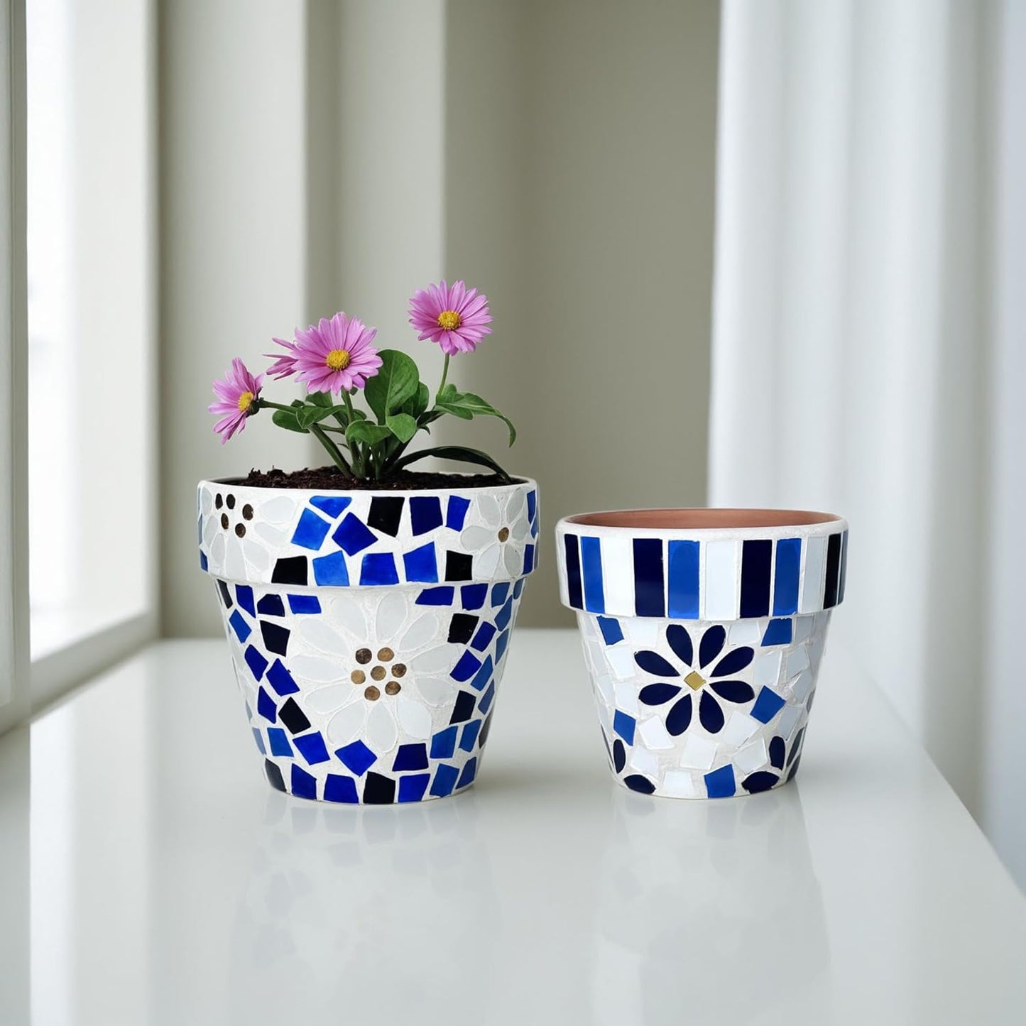 Lily's Home Set of 2 Flowerpots with Mosaic Pattern. Decorative Plant Pots with Drainage Holes for Indoor Outdoor, Perfect for Snake Plants, Succulents,Terracotta. Pots are 4 9⁄10 & 4 ¼ inch Height.-VerdiqueGarden