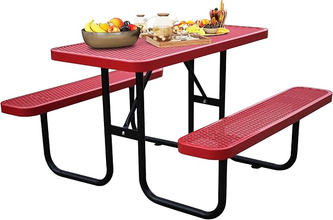 4FT Metal Picnic Tables for Outdoors, Commercial Rectangular Picnic Table and Bench Set for Outside, Patio, Garden, Backyard, Porch, Surface Mount, Red-VerdiqueGarden