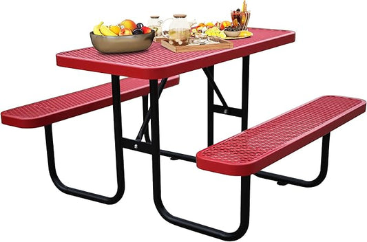 4FT Metal Picnic Tables for Outdoors, Commercial Rectangular Picnic Table and Bench Set for Outside, Patio, Garden, Backyard, Porch, Surface Mount, Red-VerdiqueGarden