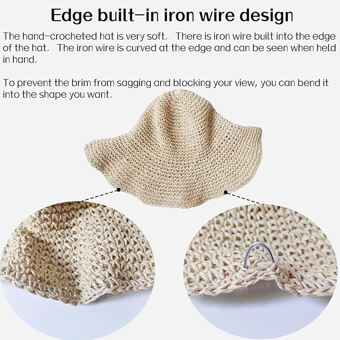 Womens Straw Beach Sun Hats, Foldable Packable Floppy Handmade Crochet Hats for Women,Large Summer Vacation Wide Brim Hat-VerdiqueGarden