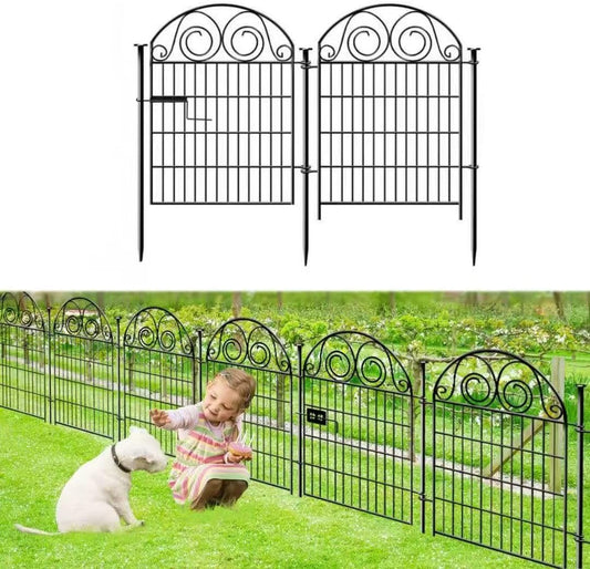 Tall Garden Fence with Gate, 40 Inch(H) 2 Panels Total Length 4.4 Ft Dog Fences Outdoor for Yard, Black Metal No Dig Fencing for Dogs│Patented-VerdiqueGarden