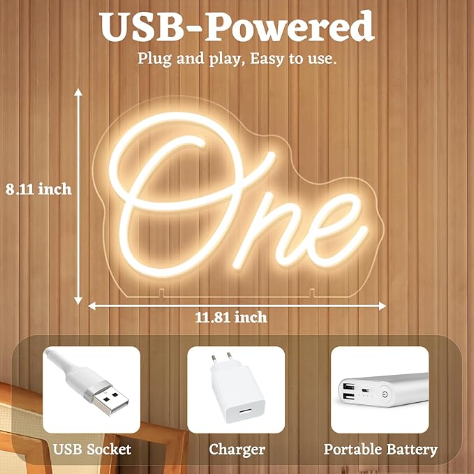 One Neon Sign for First Birthday, LED Neon Lights One Table Number Neon Light Lamp for Home Birthday Party Decor Photo Prop Christmas Gift-VerdiqueGarden