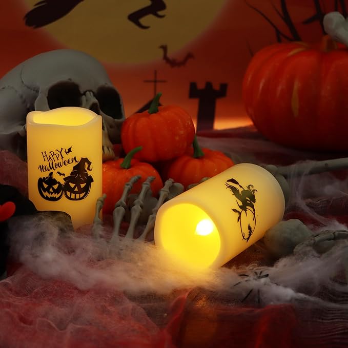 Halloween Outdoor Battery Operated Flameless Pillar Candles with Auto Daily Timer Waterproof Realistic Flickering Electric LED Lights with Pumpkin Witch Decals Halloween Decorations 2 Pack 3X5”-VerdiqueGarden