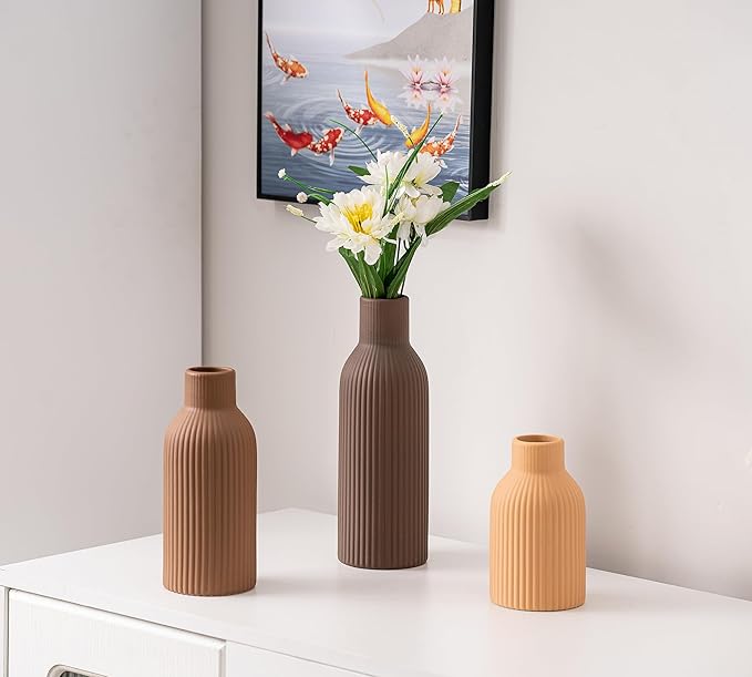Ceramic Vase Set of 3, Flower Vases for Spring Room Decor, Kitchen Farmhouse, Modern Boho Style(Brown/Dark Brown/Orange)-VerdiqueGarden