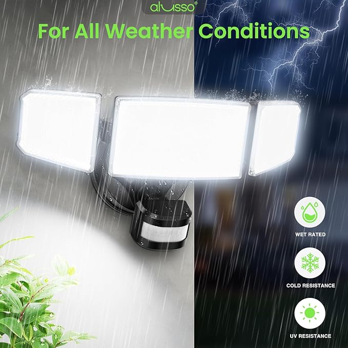 ALUSSO® LED Security Lights Motion Sensor, 60W 6000LM 3 Modes Flood Lights Outdoor Motion Sensor, 3CCT 3 Heads Outdoor Security Light Wet Location Use for House Garage Yard Walkway Black-VerdiqueGarden