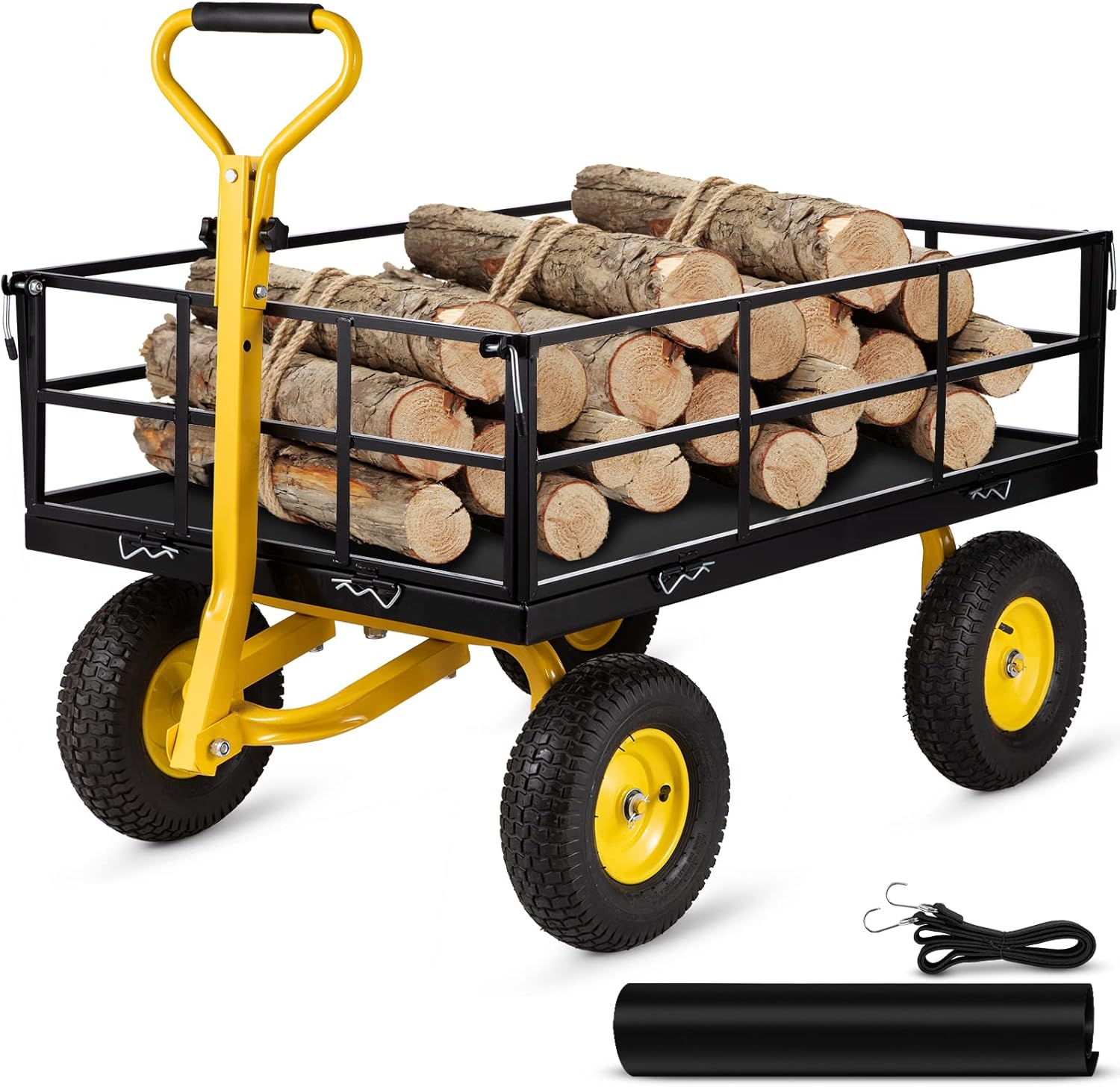 VEVOR Steel Garden Cart, Heavy Duty 1200 lbs Capacity, with Removable Mesh Sides to Convert into Flatbed, Utility Metal Wagon with 2-in-1 Handle and 13 in Tires, Perfect for Garden, Farm, Yard-VerdiqueGarden