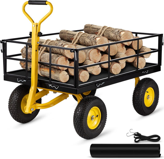 VEVOR Steel Garden Cart, Heavy Duty 1200 lbs Capacity, with Removable Mesh Sides to Convert into Flatbed, Utility Metal Wagon with 2-in-1 Handle and 13 in Tires, Perfect for Garden, Farm, Yard-VerdiqueGarden