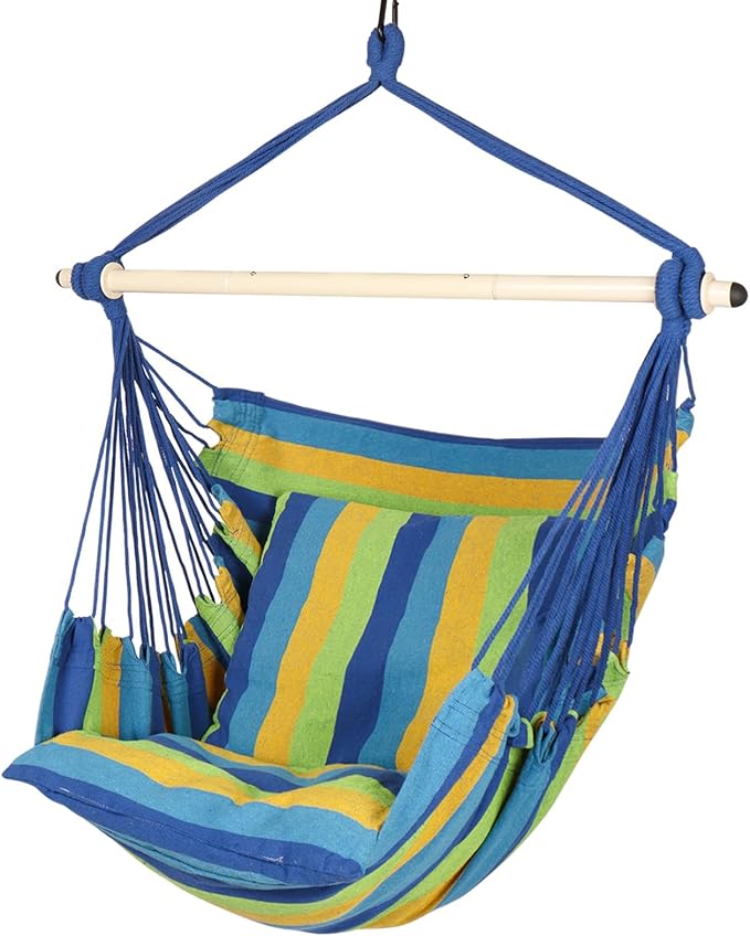 Highwild Hammock Chair Hanging Rope Swing - Max 500 Lbs - 2 Cushions Included - Steel Spreader Bar with Anti-Slip Rings - for Any Indoor or Outdoor Spaces (Blue Striped)-VerdiqueGarden