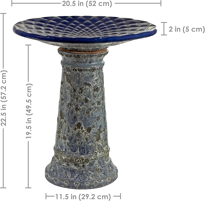 Sunnydaze Rennes Outdoor Ceramic Bird Bath - 22.5" H - UV- and Frost-Resistant - Glazed Bowl with Blue Lava Finish-VerdiqueGarden