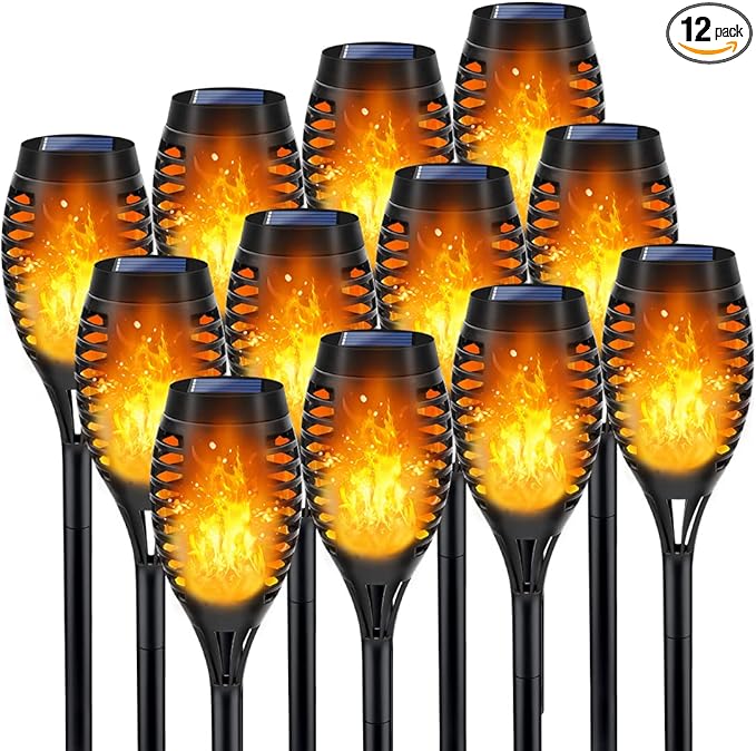 Outdoor Solar Lights, 12Pack Solar Torch Light with Flickering Flame, Garden Lights Waterproof for Outdoor Decor, Tiki Torches for Outside, Luces Solares para Exteriores Pathway Yard Garden Decor-VerdiqueGarden