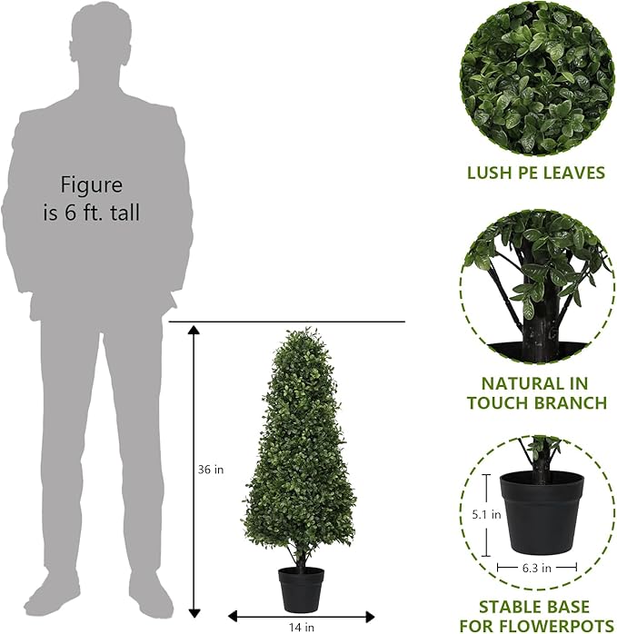 3ft Artificial Boxwood Topiary Trees (Set of 2) - UV Resistant Faux Plants Outdoor, Realistic 36" Fake Cone Bushes and Shrubs for Front Porch, Planter, Patio - Low Maintenance & Evergreen-VerdiqueGarden