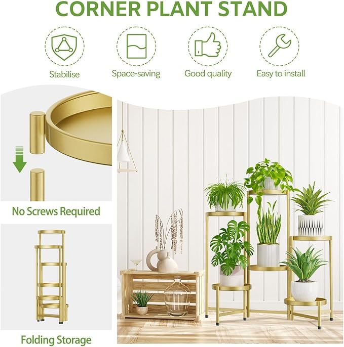 iDavosic.ly 6 Tier Large Plant Stand Indoor, 10 Inch Wide Tall Corner Metal Plant Stands Outdoor for Multiple Plants, Folding Tiered Flower Display Holder Rack Shelf, Gold-VerdiqueGarden