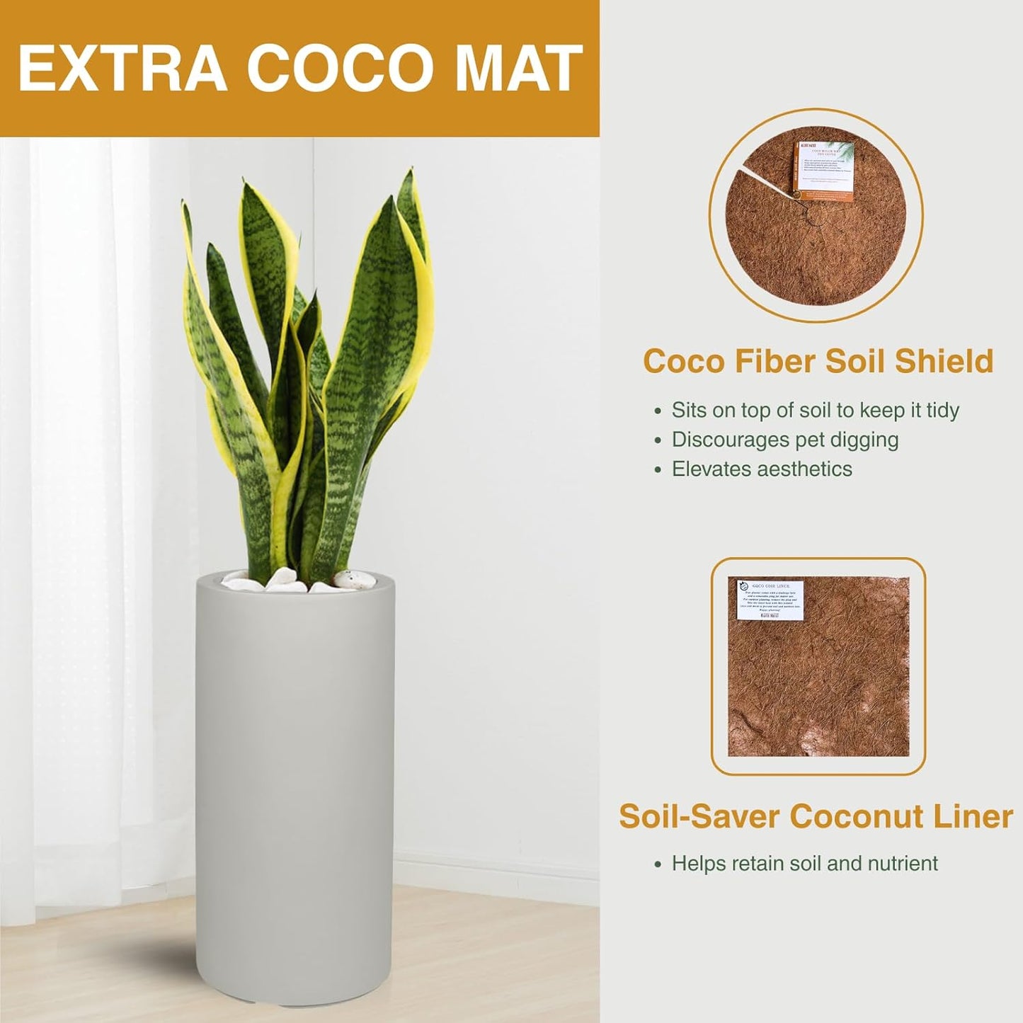 19.5" H x 9.8" D Tubo Fiberstone Cylinder Tall Planter with Drainage Hole, Smooth Finishes, for Indoor and Outdoor Use, Included 2 Extra Coco Mats (Light French Gray, 8.2" Pot Opening)-VerdiqueGarden