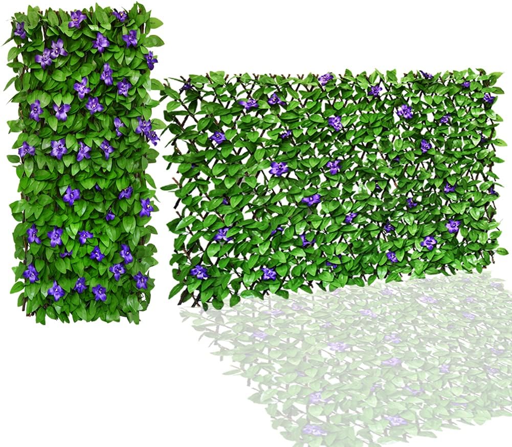 Expandable Fence Privacy Screen for Balcony Patio Outdoor,Decorative Faux Ivy Fencing Panel,Artificial Hedges (Single Sided Leaves) (2, Green Flowers)-VerdiqueGarden