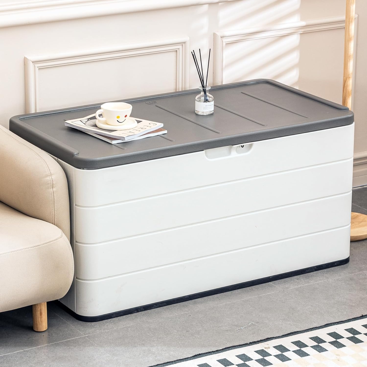 100 GAL Resin Deck Box - Lockable Waterproof Outdoor Storage Bench for Patio Cushions, Garden Tools & Pool Accessories - Wood-Look Texture, White-VerdiqueGarden