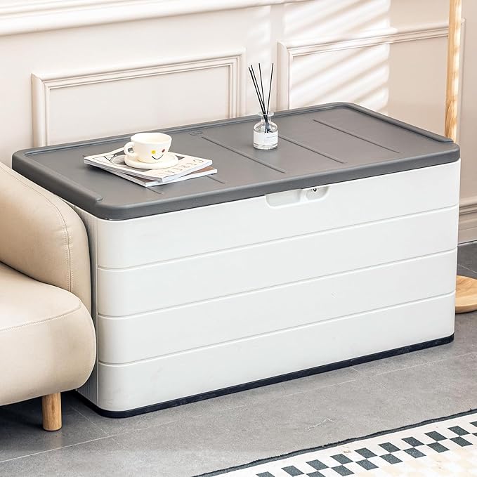 100 Gallon Plus Resin Deck Box, Waterproof Outdoor Storage Bin for Patio Furniture, Pool Accessories, and Garden Tools, Lockable & UV-Resistant, White-VerdiqueGarden