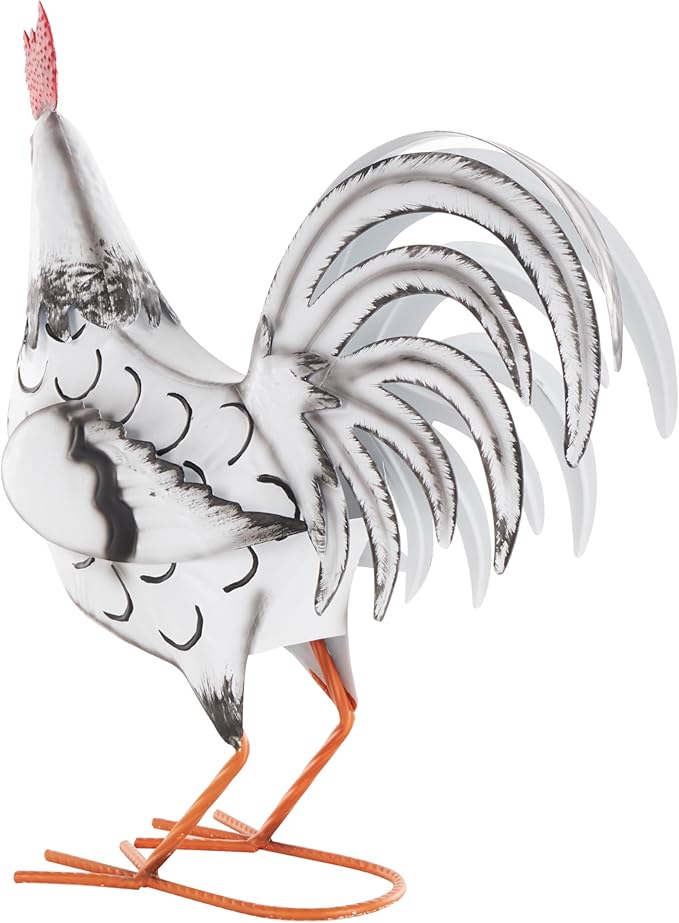 Deco 79 Metal Rooster Decorative Garden Sculpture Garden Statue with Black and Red Accents, Outdoor Sculpture 6" x 16" x 18", White-VerdiqueGarden