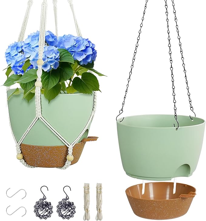 10 inch Self Watering Hanging Planters for Indoor Plants, 2 Pack Hanging Baskets for Outdoor Plants, Hanging Flower Pots with Drainage Holes & 2 Kinds of Plant Hangers for Home Decor, Green-VerdiqueGarden