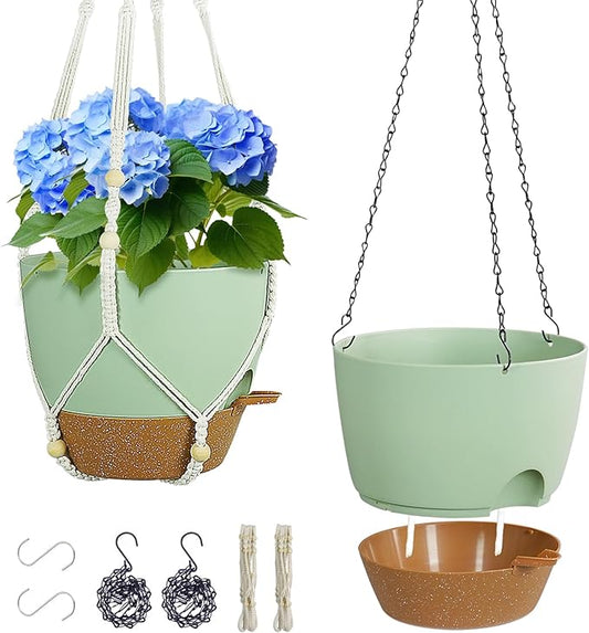 10 inch Self Watering Hanging Planters for Indoor Plants, 2 Pack Hanging Baskets for Outdoor Plants, Hanging Flower Pots with Drainage Holes & 2 Kinds of Plant Hangers for Home Decor, Green-VerdiqueGarden