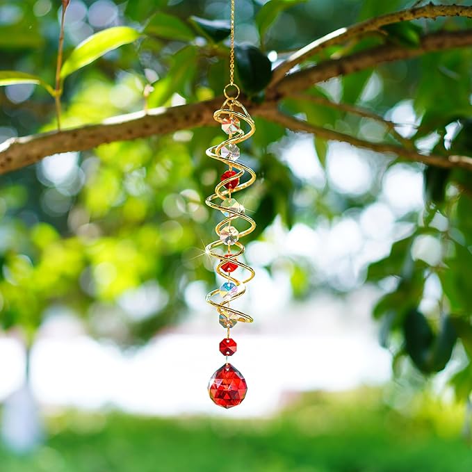 H&D HYALINE & DORA 17.7in Crystal Suncatcher Gazing Ball Spiral Tail,Wind Spinner Sun Catcher with Octagonal Beads,Sun Catchers Window Hanging for Outdoor Garden Decor-VerdiqueGarden