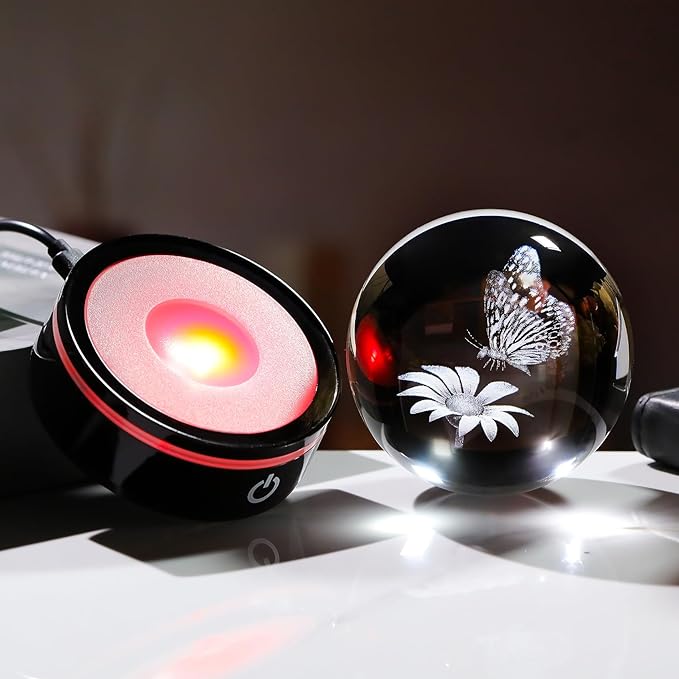 YWHL 3D Crystal Ball Butterfly and Flower Figurine with Colorful LED Base, Laser Butterfly Gifts for Women Men on Christmas Birthday, Crystal Ball Butterfly Decor Night Light for Home Decor (80mm)-VerdiqueGarden