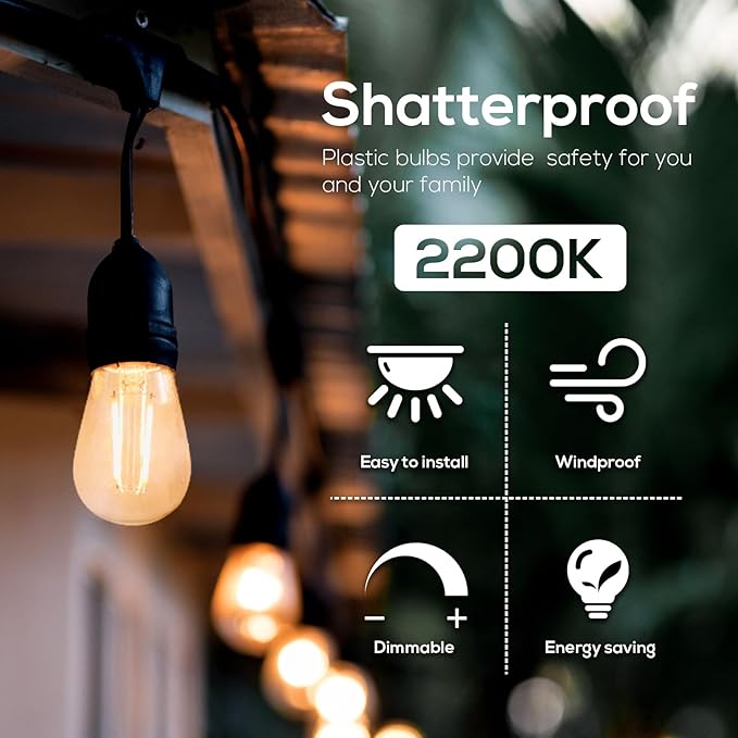 Banord 15 Pack Dimmable 2W S14 Replacement LED Bulbs, 2200K Waterproof Outdoor String Lights Vintage LED Filament Bulb, Shatterproof E26 Screw Base Edison LED Light Bulbs-VerdiqueGarden