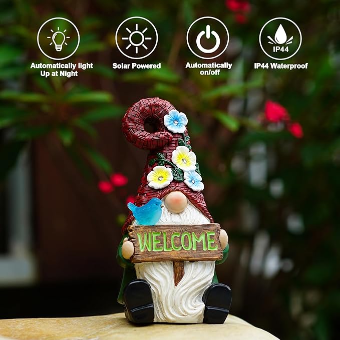 Goodeco Sitting Gnome with Welcome Sign - Garden Gnomes Outdoor with Solar Bird & LED Lights, Ideal Gifts for Mom or Women, Housewarming Gnome Decorations-VerdiqueGarden