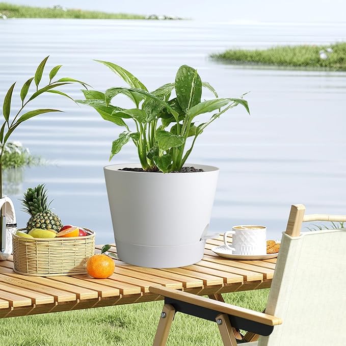 12 inch Large Self Watering Pots for Indoor Outdoor Plants, Flower Plant Pots with Mesh Drainage Holes for Garden House, Plastic Planters with Reservoir for Home, White-VerdiqueGarden