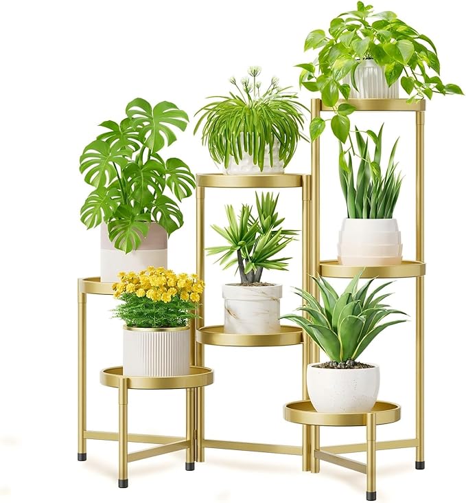 iDavosic.ly 7 Tier Large Plant Stand Indoor, 10 Inch Wide Tall Corner Metal Plant Stands Outdoor for Multiple Plants, Folding Tiered Flower Display Holder Rack Shelf, Gold-VerdiqueGarden