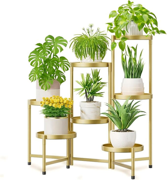 iDavosic.ly 7 Tier Large Plant Stand Indoor, 10 Inch Wide Tall Corner Metal Plant Stands Outdoor for Multiple Plants, Folding Tiered Flower Display Holder Rack Shelf, Gold-VerdiqueGarden