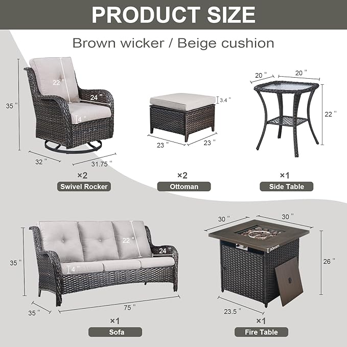 Outdoor Patio Furniture Set with Propane Fire Pit Table, 7 Pieces Wicker Patio Conversation Set with 2 Swivel Glider Rocker Chair Rattan Sofa Beige Cushion Perfect for Casual Gathering-VerdiqueGarden