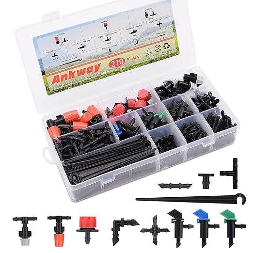1/4 Drip Irrigation Fittings, 210 Pcs 1/4 Drip Irrigation Connectors Irrigation Fittings Kit for Flower Pot Garden Lawn (Spray,Micro Dripper,Straight Barbs,Tees,Elbows,End Plug,4-Way Coupling)-VerdiqueGarden