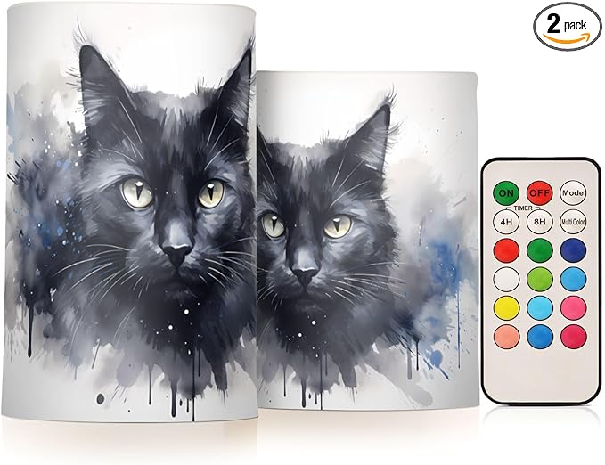 Flickering Flameless Candles, Black Cat Print LED Candles with Remote Timer, Set of 2 Battery Operated Candle for Valentine Wedding Birthday-VerdiqueGarden