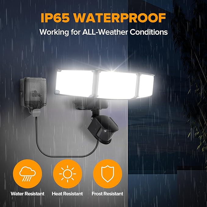 LUTEC 49W Motion Sensor Outdoor Lights, 5500 LM Plug in Flood Light Outdoor, Dusk to Dawn, IP65 Waterproof Security Lighting, 5000K Daylight, Adjustable Wall-Mounted for Garage, Yard, Porch (Black)-VerdiqueGarden