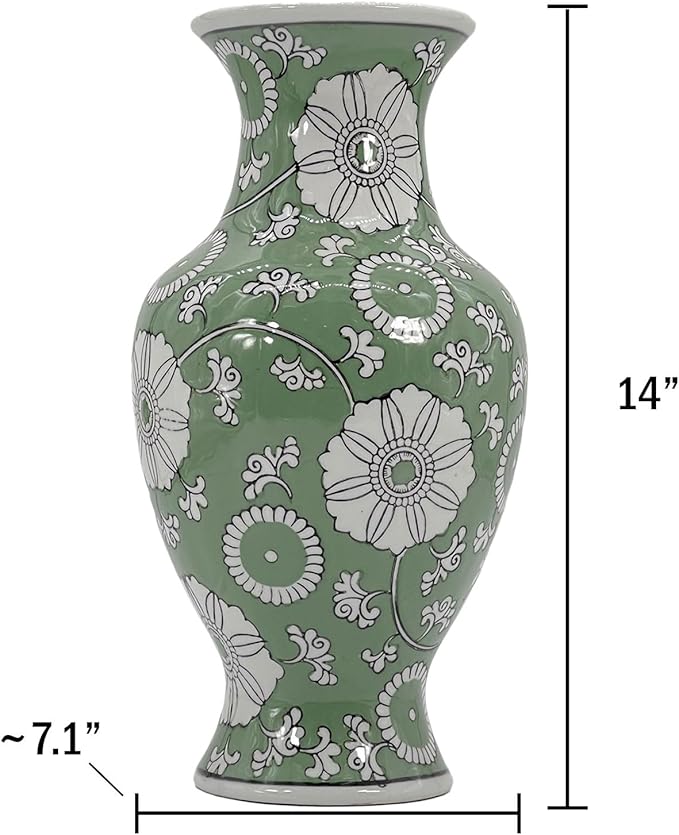 Galt International Floral Chinoiserie Ceramic Vase 14" - Hand Painted Antique Style Porcelain Flower Bottle Fishtail Porcelain Chinese Vase for Home Decor Centerpiece-VerdiqueGarden
