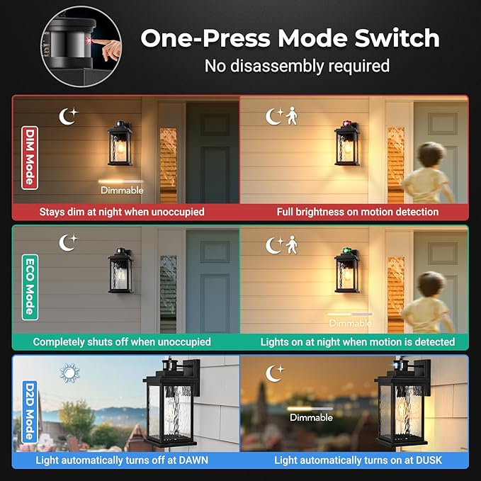 VIANIS Large Advanced Motion Sensor Outdoor Lights, Black Easy-to-Install Dusk to Dawn Outdoor Wall Lights, Aluminum Waterproof Porch Light with Water Glass for Porch, Garden, Front Door-VerdiqueGarden