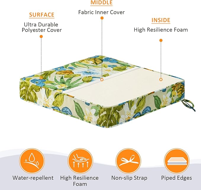 Square Corner Seat Cushions, 19" x 19" x 3", Set of 4, Indoor Outdoor Water Repellent Universal Chair Pads with Ties for Patio Furniture, Garden Dining Chairs, Blue Flower-VerdiqueGarden