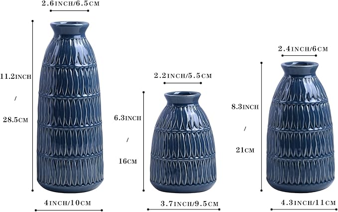 Yundu Navy Blue Ceramic Flower Vases for Home Decor Set of 3, Living Room Décor, Modern Farmhouse and Neutral Home Décor, Pmpas Grass Vase, Shelf, Mantle, Centerpieces Minimalist Décor-VerdiqueGarden
