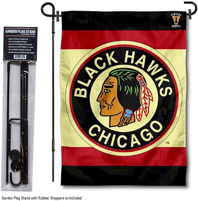 WinCraft Chicago Blackhawks Vintage Retro Garden Flag with Pole Stand Holder-VerdiqueGarden