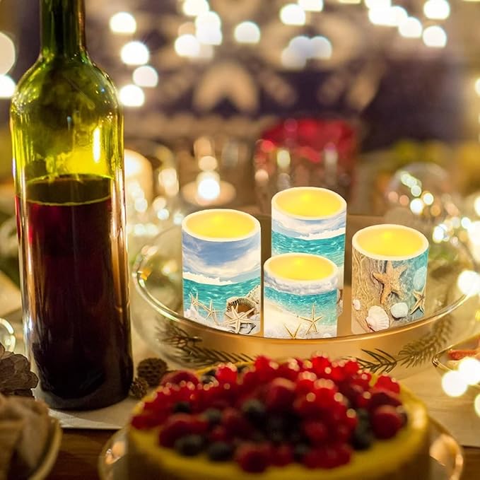 Black Flameless LED Battery Candles 4PCS Pillar Candles with 18-Key Timer Remote Colorful Light for Christmas Party Celebration Decor, Seawater Starfish-VerdiqueGarden