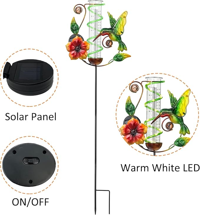 LEWIS&WAYNE 36.3” Hummingbird Rain Gauge Outdoor, 7” Glass Tube Solar Powered 10 Warm White LEDs Garden Metal Stakes Decorative Waterproof for Yard Garden Patio Lawn-VerdiqueGarden