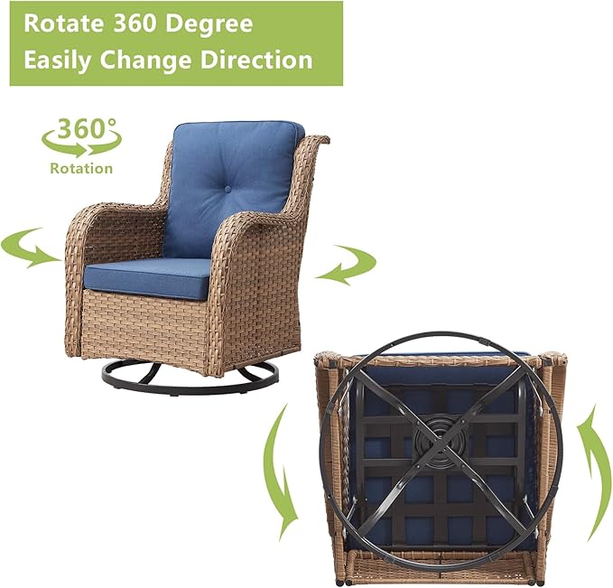 Outdoor Wicker Patio Furniture Set - 5 Pieces Rattan Patio Conversation Set with 2 Rocking Swivel Chairs,2 Ottomans and 1 Side Table for Porch Deck Backyard Garden(Yellow/Blue)-VerdiqueGarden