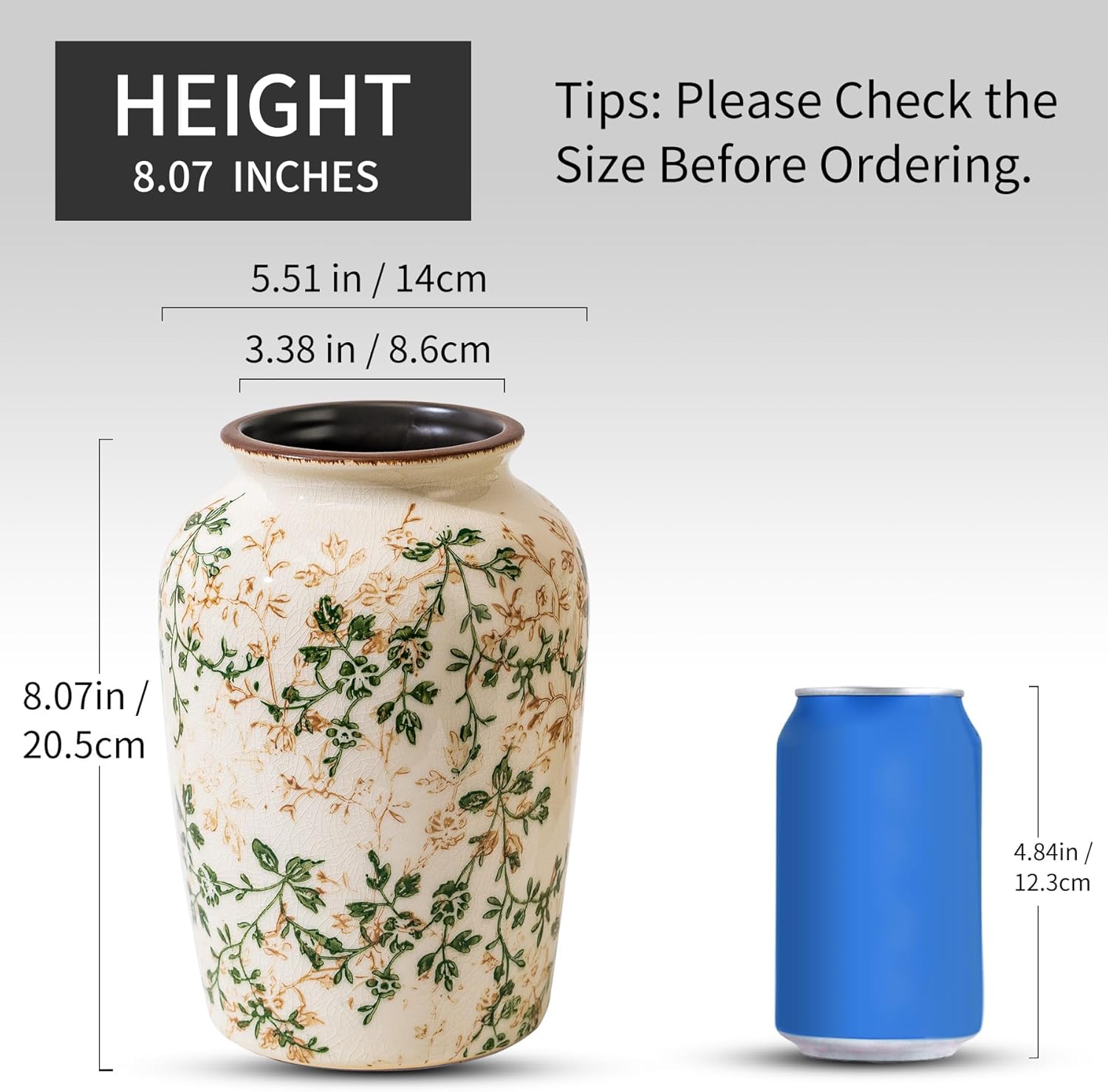 Vintage Pastoral Green and Beige Vase, Round Ceramic Floral Vases, Retro Ice Cracked Chinoiserie Vase for Home Decor, Living Room, Bookshelf, Office, Rustic Table Centerpiece 7.8 Inch-VerdiqueGarden