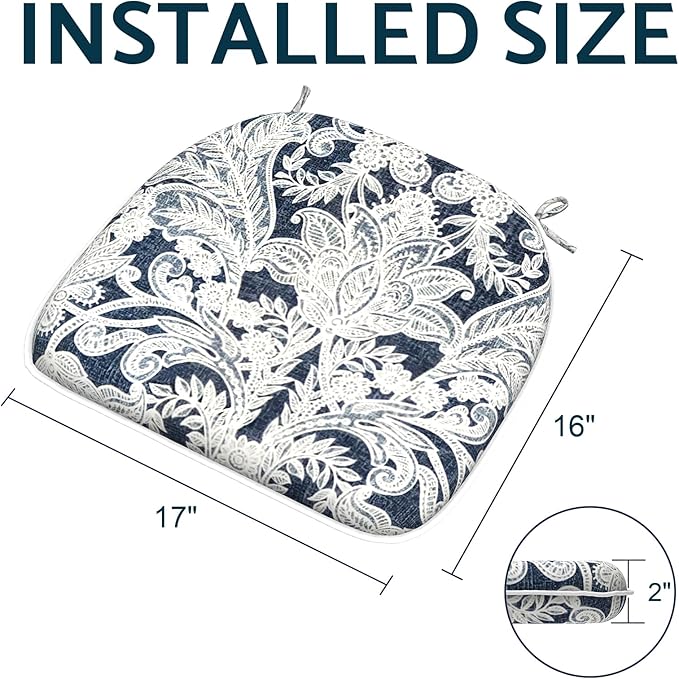 Indoor/Outdoor Chair Cushions 16x17 Inch, Patio Chair Cushions with Ties, All Weather Seat Cushions for Patio Furniture Home Garden Chair Use, Set of 4,Damask Lapis-VerdiqueGarden