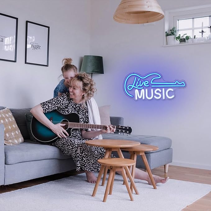 Guitar Neon Sign Blue White Live Music for Wall Decor Dimmable Guitar Led Light up Sign Letter Neon Signs Art Decorative Lights for Music Studio Live Streams Nightclub-VerdiqueGarden